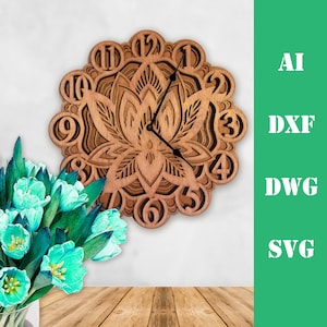 Orologio loto multistrato mandala modello laser cut file, uso commerciale, wall art home decor CNC download dxf svg ai dwg cricut 3d