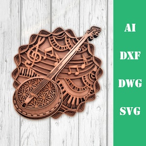Banjo muziekinstrument gelaagde lasergesneden bestand meerlaagse mandala SVG 3D muziek banjo model commercieel gebruik kunst aan de muur CNC dxf svg ai dwg cricut