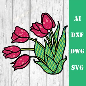 Tulipanes multicapa mandala modelo láser corte archivo uso comercial pared arte hogar decoración CNC dxf svg ai dwg cricut 3d flor en capas Holanda tulipán