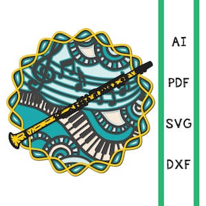 Può includere: Un file di taglio digitale che presenta un clarinetto con note musicali e una tastiera di pianoforte, il tutto all'interno di uno schema circolare di mandala. Il design è in nero, giallo, bianco e blu.