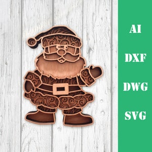 May include: A wooden cutout of Father Christmas with a detailed swirling pattern on his suit and hat. The cutout is a light brown colour and has a white background.
