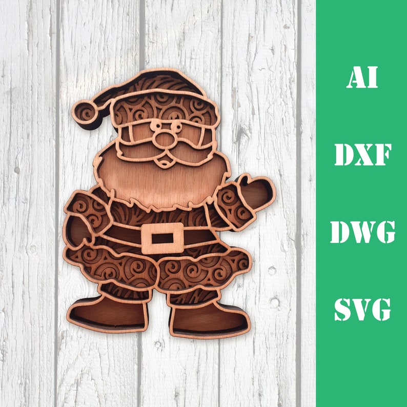 May include: A wooden cutout of Father Christmas with a detailed swirling pattern on his suit and hat. The cutout is a light brown colour and has a white background.