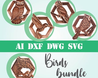 Bird bundle layered mandala birds cardinal hummingbird parrot eagle owl laser cut file commercial use CNC glowforge dxf svg ai dwg cricut 3d