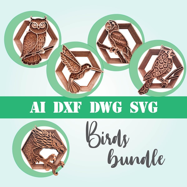 Oiseau bundle couches mandala oiseaux cardinal colibri perroquet hibou grand-duc laser coupe fichier usage commercial CNC glowforge dxf svg ai dwg cricut 3d