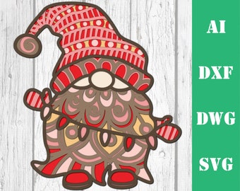 layered Christmas gnome 3d multi layer mandala laser cut file glowforge, commercial use wall art CNC download dxf svg ai dwg cricut ornament