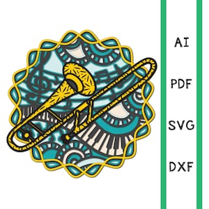 Trombone music instrument layered laser cut file multi layer mandala SVG 3D model commercial use, wall art CNC dxf svg ai dwg cricut music