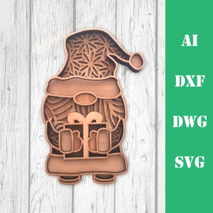 Weihnachtswichtel 3D Multi Layer Mandala Laser geschnitten Datei Glowforge, kommerzielle Nutzung Wandkunst CNC Dxf svg ai dwg cricut gnome with gift