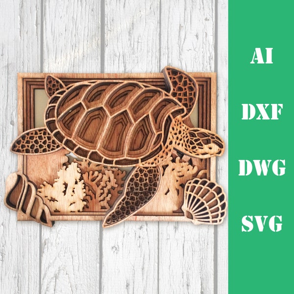 Sea turtle ocean multi layer mandala model laser cut file, commercial use, wall art home decor  CNC download dxf svg ai dwg cricut 3d