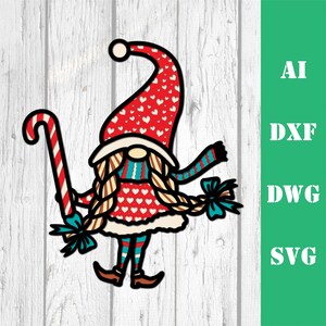 May include: A red and white gnome holding a candy cane. The gnome is wearing a red hat with white hearts, a red and white sweater with white hearts, and blue and white striped trousers. The gnome has blonde braids and a blue bow on its head.