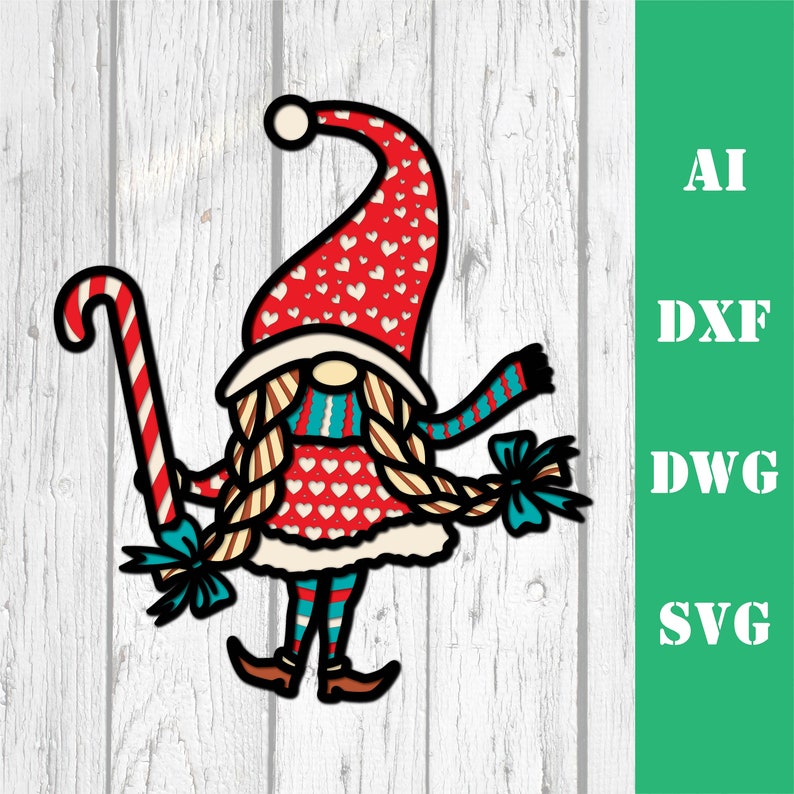 May include: A red and white gnome holding a candy cane. The gnome is wearing a red hat with white hearts, a red and white sweater with white hearts, and blue and white striped trousers. The gnome has blonde braids and a blue bow on its head.