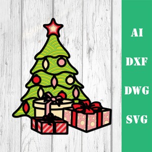 May include: A green Christmas tree with red and pink baubles and a star on top. Three wrapped presents are at the base of the tree, one is cream with a pink bow, one is pink with white polka dots and a red bow, and one is red and white striped with a black bow.