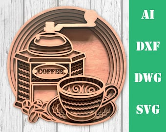 May include: A wooden laser cut design of a coffee grinder and a cup of coffee. The design is layered and has a 3D effect. The coffee grinder has a handle and a label that says "COFFEE". The cup of coffee has a swirl design and is sitting on a saucer.