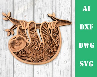 Sloth multicapa mandala modelo láser corte archivo, uso comercial, arte de pared decoración del hogar CNC descargar dxf svg ai dwg cricut 3d
