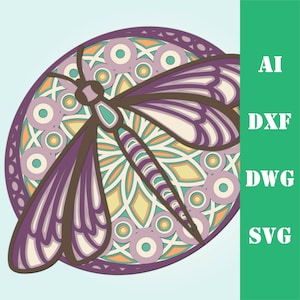 Dragonfly multi layer mandala model laser cut file, commercial use, wall art home decor  CNC download dxf svg ai dwg cricut 3d