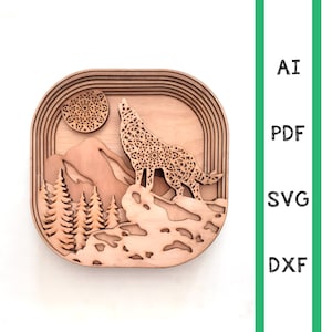 May include: A wooden wall art piece featuring a wolf howling at the moon. The wolf is intricately detailed with a mandala pattern. The moon is also a mandala design. The wolf is standing on a mountain with trees in the background.
