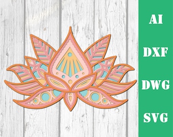Lotus Blume Multi-Layer Mandala Schichtmodell Laser geschnitten Datei, kommerzielle Nutzung, CNC Download dxf svg ai dwg Cricut 3d Glowforge Lotus Mandala