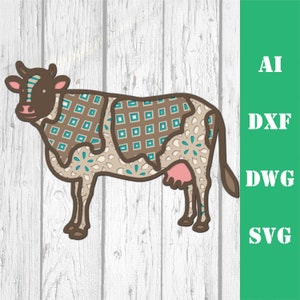 Layered cow 3d multi layer mandala Cow farmhouse farm animal laser cut file wood wall art home decor CNC download dxf svg ai dwg cricut