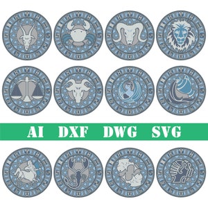 Bundle 12 Sternzeichen Mandala Modell Laser cut Datei, kommerzielle Nutzung, Wand Kunst Wohnkultur CNC download dxf svg ai dwg cricut 3d Glowforge