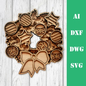 corona de Navidad en capas 3d mandala de múltiples capas doesjie archivo de corte láser uso comercial de glowforge, arte de pared CNC descargar dxf svg ai dwg cricut