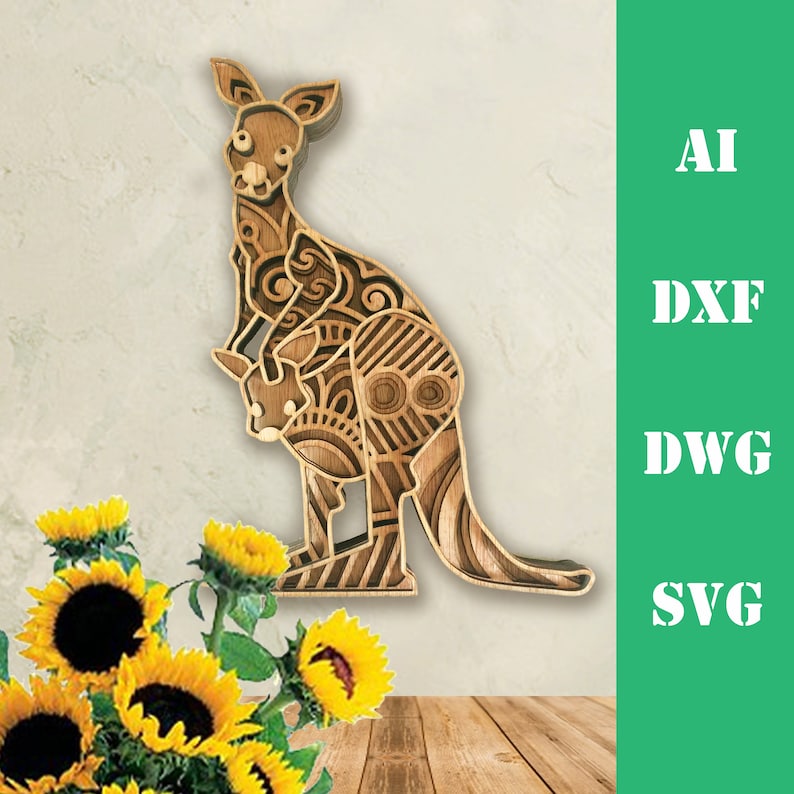 May include: A wooden cutout of a kangaroo with intricate patterns and a joey in its pouch. The cutout is brown and has a natural wood finish. It is mounted on a white wall with a bouquet of sunflowers in the foreground.