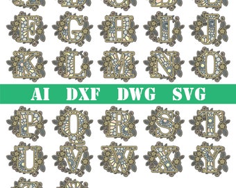 Alfabeto Mandala de Flores, Arquivo para Corte a Laser Multicamadas (svg, dxf, ai, dwg)
