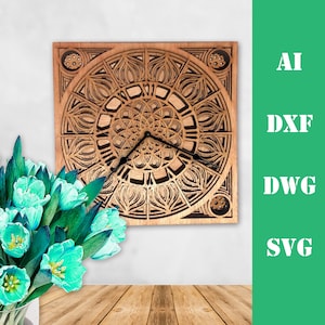 Clock square multi layer mandala model laser cut file, commercial use, wall art home decor  CNC download dxf svg ai dwg cricut 3d