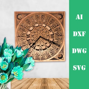 Clock square multi layer mandala model laser cut file, commercial use, wall art home decor  CNC download dxf svg ai dwg cricut 3d