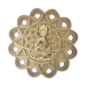 May include: A wooden wall art piece featuring a detailed mandala design with a cutout of a meditating Buddha figure in the center. The mandala is made of multiple layers of wood, creating a 3D effect.