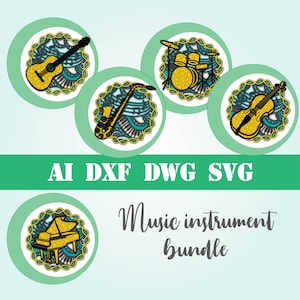 Bundel muziekinstrumenten gelaagde mandala gitaar saxofoon drum laser gesneden bestand commercieel gebruik CNC glowforge dxf svg ai dwg cricut 3d kunst aan de muur