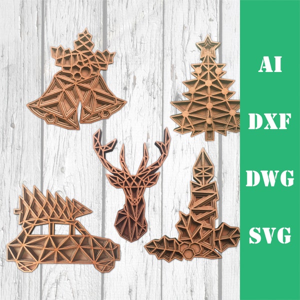 Christmas bundle polygonal 3D layered Christmas tree, candle, bells, reindeer laser cut file, commercial use, glowforge CNC dxf svg ai dwg