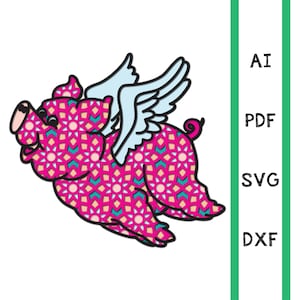 May include: A pink pig with teal and white geometric patterns flying with white wings. The pig is facing left and has a happy expression.