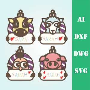 4 Christmas ornaments bundle farm animals kids to write on, multi layer laser cut file, cricut 3d commercial use, dxf svg ai dwg cricut