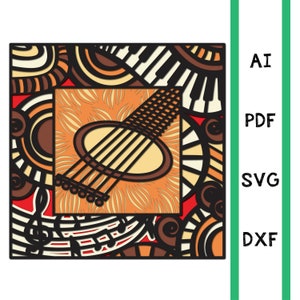 Instrumento musical de guitarra em camadas, modelo de mandala de múltiplas camadas, arquivo de corte a laser, uso comercial, arte de parede CNC dxf svg ai pdf cricut Glowforge 3d