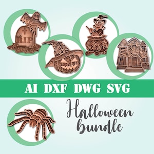 May include: A set of five Halloween-themed SVG cut files. The designs include a witch in a cauldron, a haunted house, a spider, a ghost, and a pumpkin. The files are labeled "AI DXF DWG SVG Halloween Bundle".