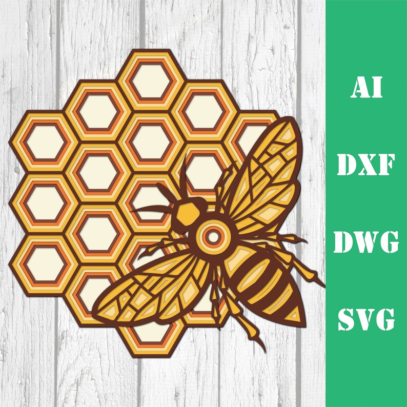 Pode incluir: Ilustra&ccedil;&atilde;o em camadas de uma abelha e favo de mel em tons de amarelo, laranja e castanho. A abelha est&aacute; posicionada ao lado do favo de mel, com o texto "AI, DXF, DWG, SVG" num ret&acirc;ngulo vertical verde.