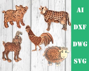 Layered farm animal bundle multi layer mandala laser cut files, commercial us wall art decor CNC glowforge download dxf svg ai dwg cricut 3d