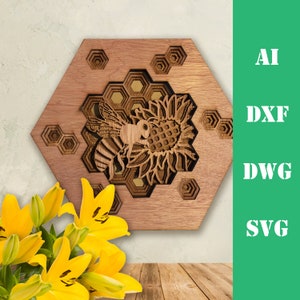 Alveare ape girasole multistrato mandala modello laser cut file, uso commerciale, wall art home decor CNC download dxf svg ai dwg cricut 3d