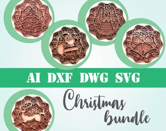 Christmas bundle 4 3d layered 5 designs mandala multi layer laser cut files, commercial use, wall art CNC glowforge dxf svg ai dwg cricut