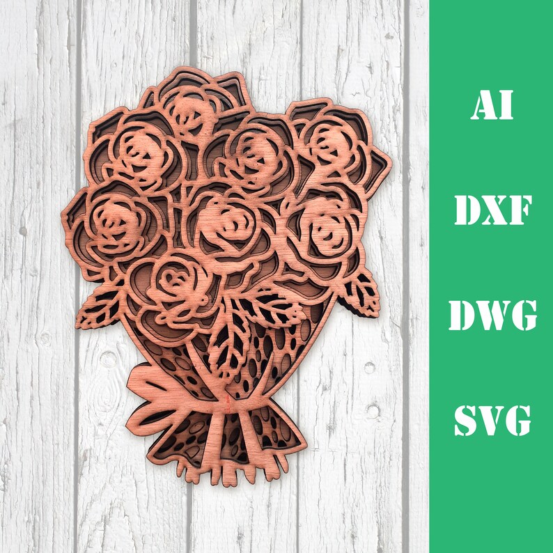 May include: A wooden cutout of a bouquet of roses with a brown ribbon. The roses are intricately designed with multiple layers.
