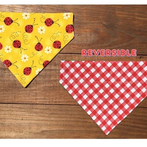 May include: Two reversible dog bandanas. One side is yellow with a ladybug pattern and the other side is red and white gingham.