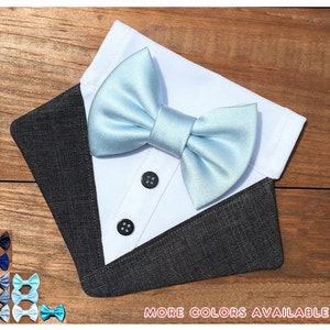 Tuxedo Dog Bandana-Grey Dog Tuxedo Bandana&Pale Blue Bow Tie-Dog Tux-Dog Ring Bearer Holder-Dog Tux Suit Bowtie-Dog Wedding Bow Tie Bandana-