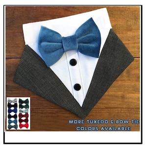Dusty Blue Velveteen Tuxedo Dog Bandana-Wedding Dog Attire-Dog Ring Bearer-Dog Wedding Tux Bandana-Dog Engagement Photo-Blue Dog Bow Tie