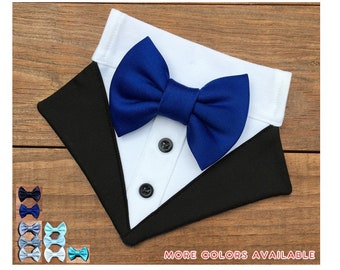 Blue Dog Tuxedo Bandana-Dog Tux-Dog Formal Attire--Dog Wedding Bow Tie Bandana-Dog Ring Bearer-Wedding Dog Attire-Wedding Dog Tux Bandana-