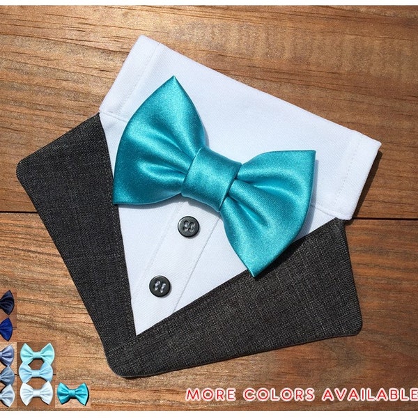 Dark Grey Dog Tuxedo Bandana with Dark Aqua Blue Bow Tie-Dog Ring Bearer-Dog Wedding Tuxedo Bow Tie Bandana-Dog Tux Suit Bow-Dog in Wedding