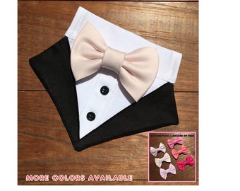 Blush Pink Bow Tie Dog Tuxedo Bandana-Wedding Dog Attire-Wedding Dog Tux Bandana-Dog Ring Bearer-Dog Wedding Bandana-Dog Engagement Photo