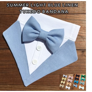 Summer Light Blue Linen Tuxedo Dog Bandana-Light Blue Linen Wedding Dog Bow Tie Bandana-Dog Ring Bearer-Summer Dog Wedding Bandana-Dog Tux