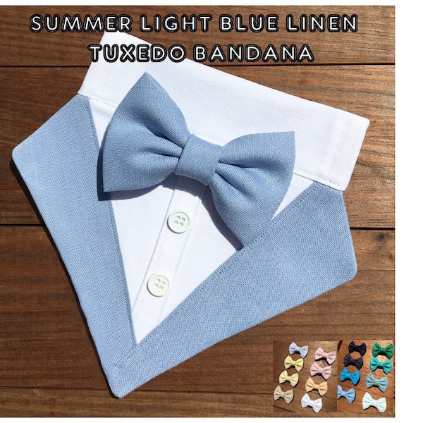 Summer Light Blue Linen Tuxedo Dog Bandana-Light Blue Linen Wedding Dog Bow Tie Bandana-Dog Ring Bearer-Summer Dog Wedding Bandana-Dog Tux