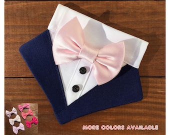 Navy Blue Tuxedo Dog Bandana-Light Pink Bow Tie Wedding Dog Bandana-Wedding Dog Attire-Dog Ring Bearer Tuxedo-Custom Dog Tuxedo Bandana-Tux