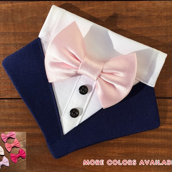 Navy Blue Tuxedo Dog Bandana-Light Pink Bow Tie Wedding Dog Bandana-Wedding Dog Attire-Dog Ring Bearer Tuxedo-Custom Dog Tuxedo Bandana-Tux