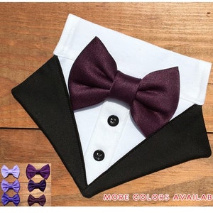 Black Tuxedo Dog Bandana-Purple Bow Tie Dog Tuxedo Bandana-Wedding Dog Attire-Dog Wedding Bandana-Dog Ring Bearer-Purple Dog Wedding Tuxedo